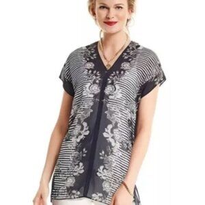 CAbi Yacht Floral Blouse Navy, Gray and White
